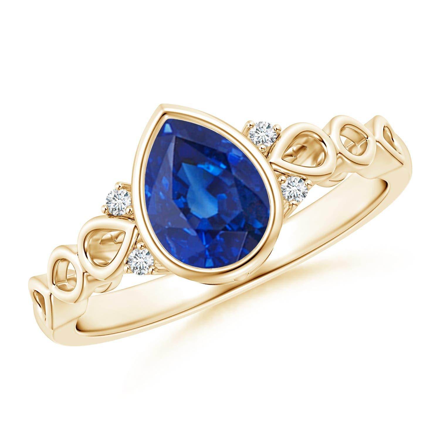 Women's Angara Natural Bezel Set Vintage Pear Sapphire Ring with Diamond in 14K Gold For Sale