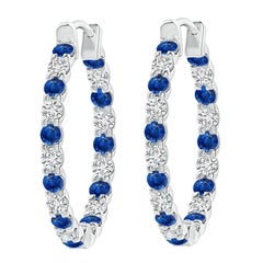 Angara Natural Blue Sapphire and Diamond Inside Out Hoop Earring in 14K Gold