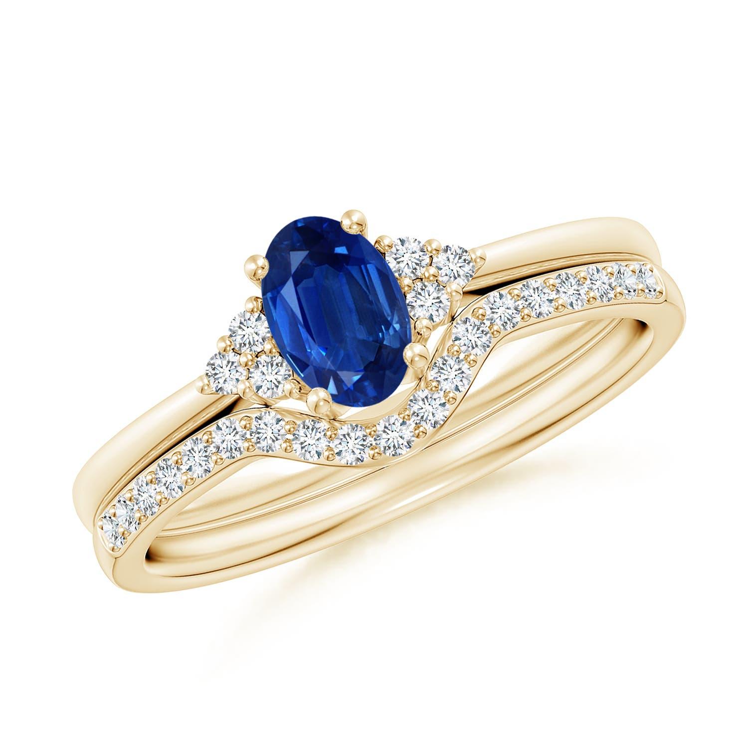 Juego de novia trío de zafiro azul natural y diamantes Angara en oro macizo de 14 quilates en venta 1
