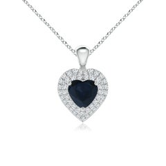 Ciondolo a cuore con zaffiro blu naturale di Angara e doppio alone di diamanti in platino