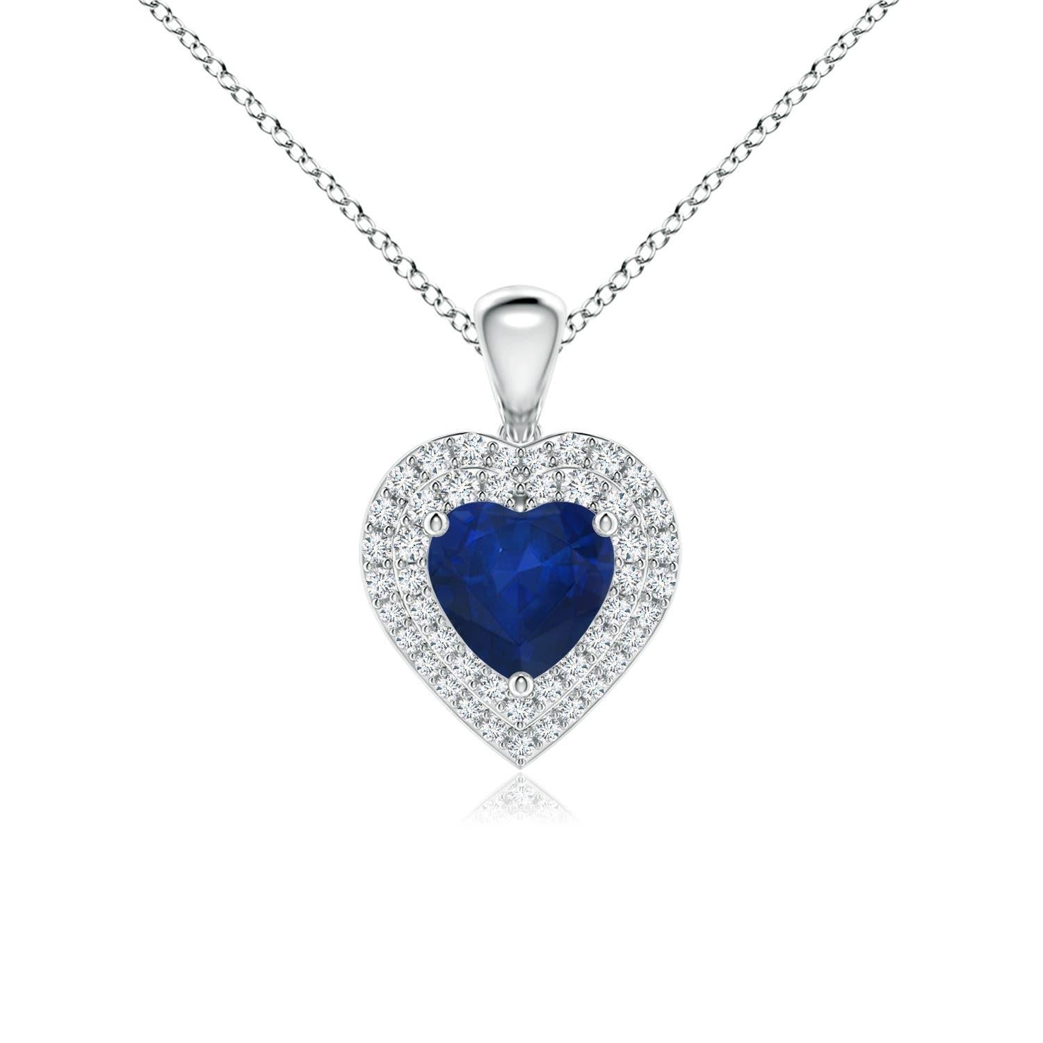 Ciondolo a cuore con zaffiro blu naturale di Angara e doppio alone di diamanti in platino in vendita