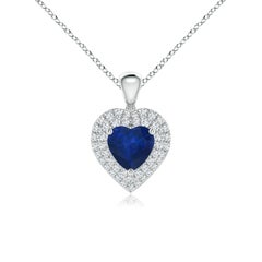 Ciondolo a cuore con zaffiro blu naturale di Angara e doppio alone di diamanti in platino