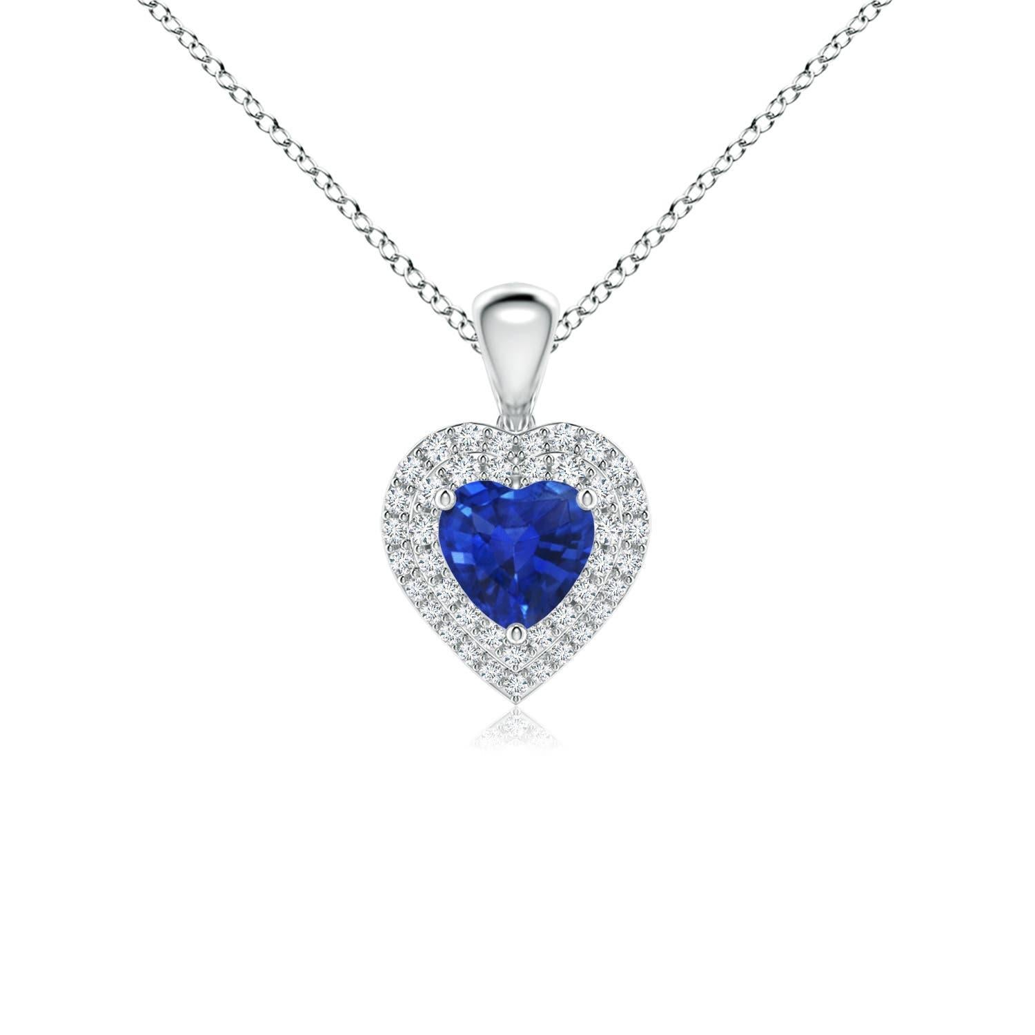 Ciondolo a cuore con zaffiro blu naturale di Angara e doppio alone di diamanti in platino in vendita