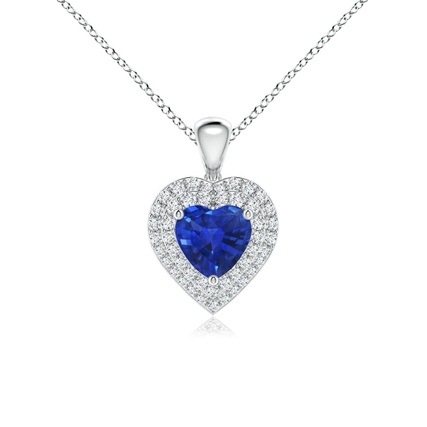 Ciondolo a cuore con zaffiro blu naturale di Angara e doppio alone di diamanti in platino in vendita