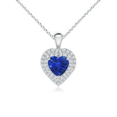 Ciondolo a cuore con zaffiro blu naturale di Angara e doppio alone di diamanti in platino