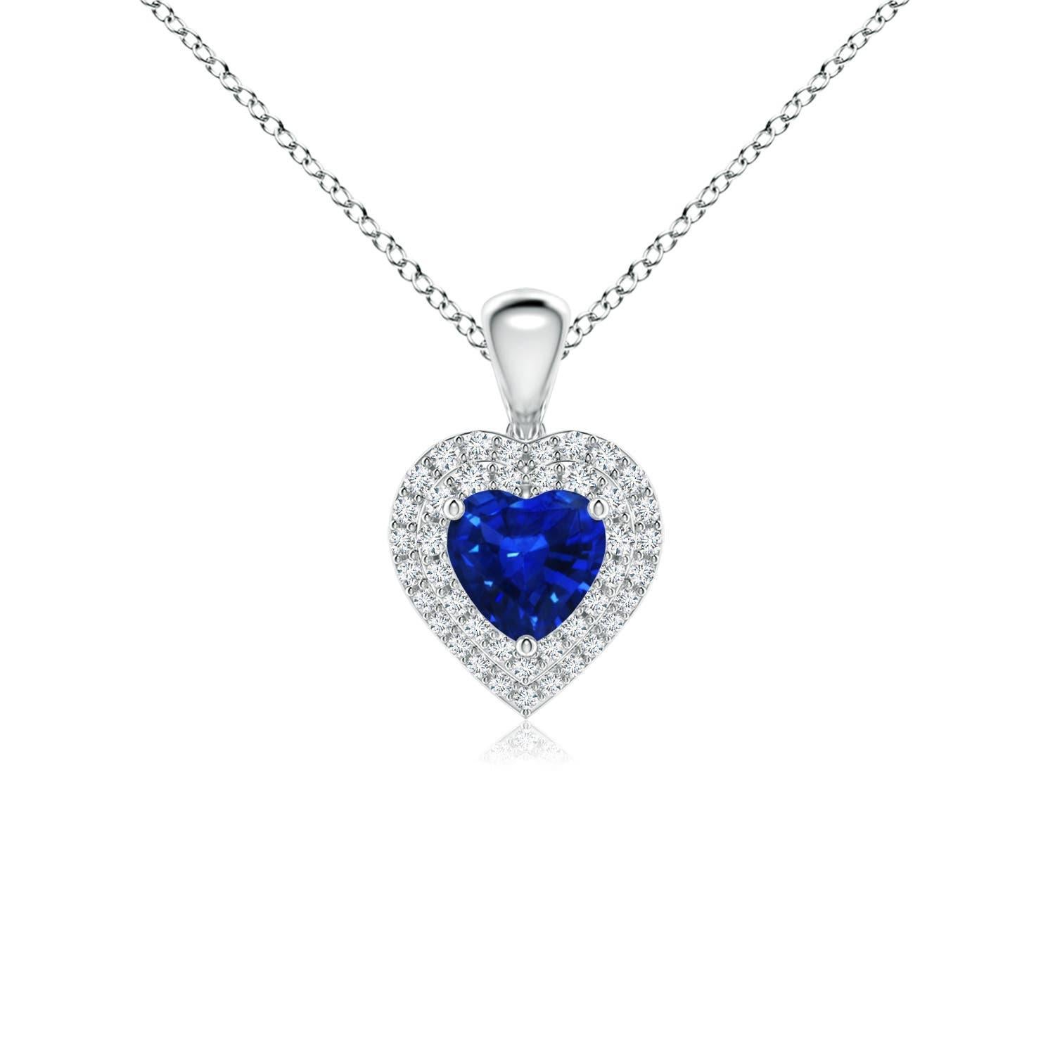 Ciondolo a cuore con zaffiro blu naturale di Angara e doppio alone di diamanti in platino in vendita