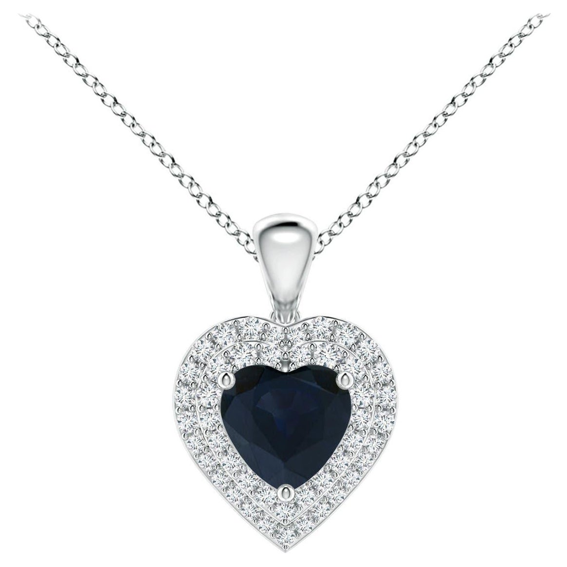 Pendentif en forme de cœur en saphir bleu naturel Angara avec double halo de diamants en platine