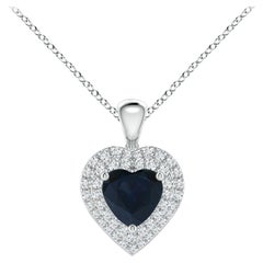 Pendentif en forme de cœur en saphir bleu naturel Angara avec double halo de diamants en platine