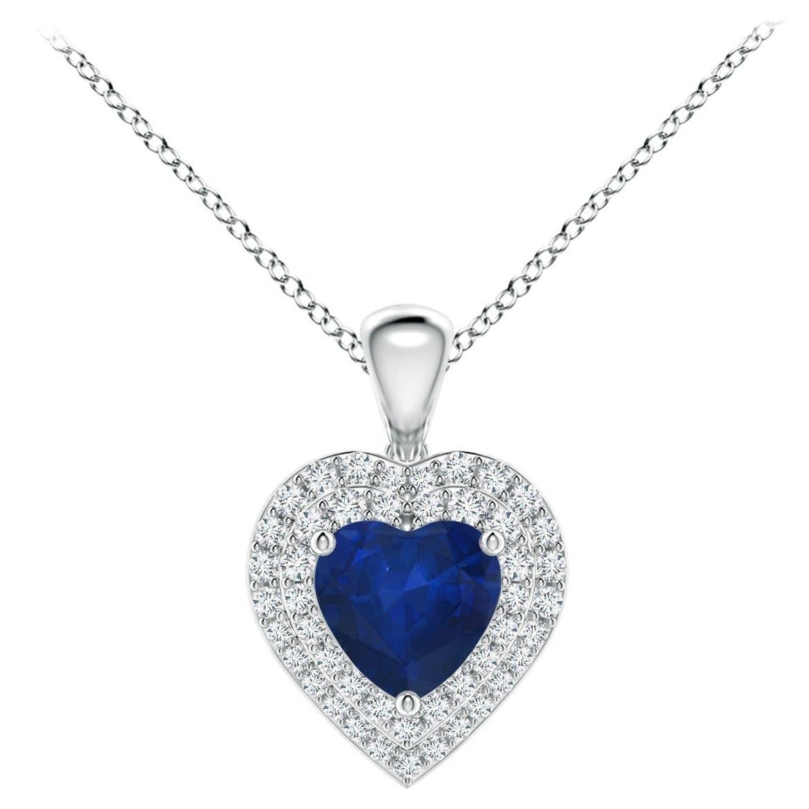 Pendentif en forme de cœur en saphir bleu naturel Angara avec double halo de diamants en platine