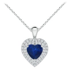 Pendentif en forme de cœur en saphir bleu naturel Angara avec double halo de diamants en platine
