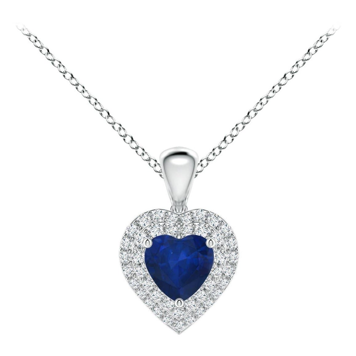 Pendentif en forme de cœur en saphir bleu naturel Angara avec double halo de diamants en platine