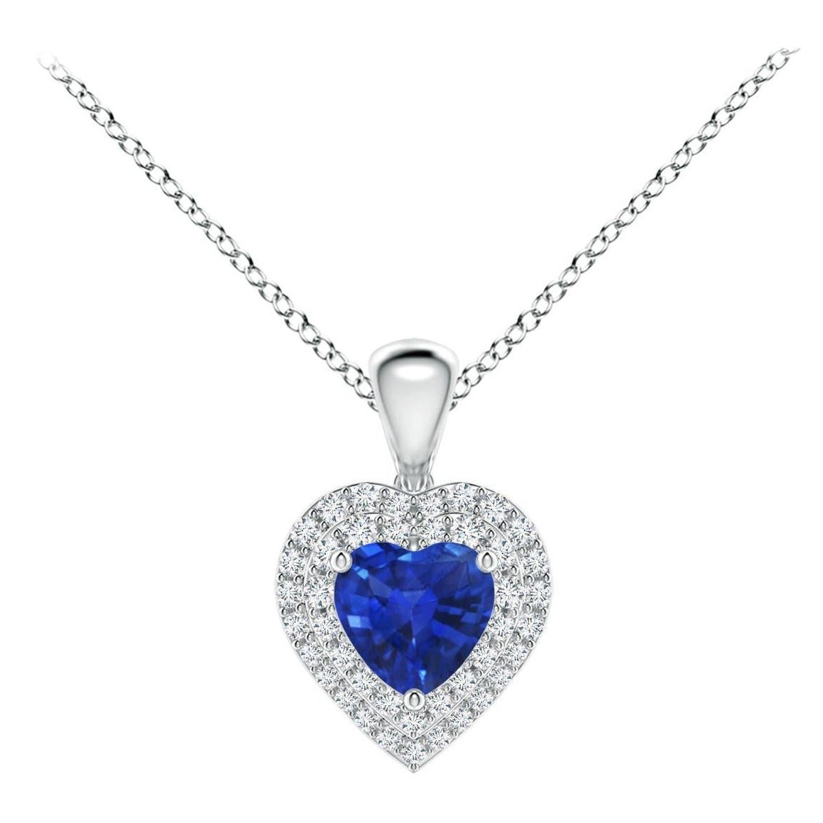 Pendentif en forme de cœur en saphir bleu naturel Angara avec double halo de diamants en platine