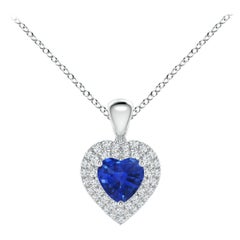 Pendentif en forme de cœur en saphir bleu naturel Angara avec double halo de diamants en platine