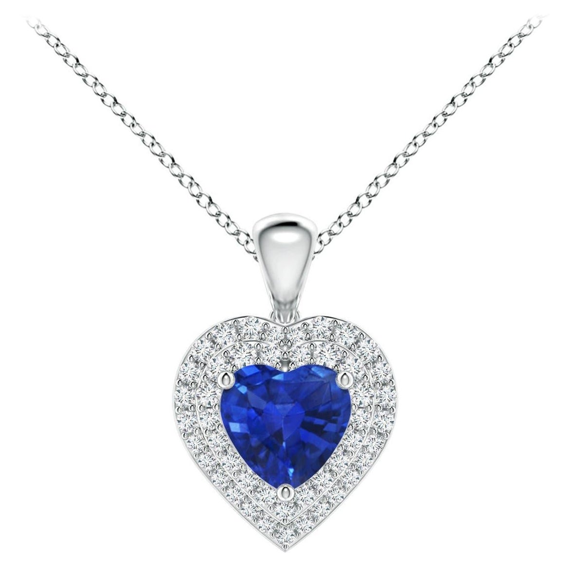 Pendentif en forme de cœur en saphir bleu naturel Angara avec double halo de diamants en platine