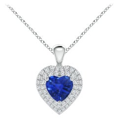 Pendentif en forme de cœur en saphir bleu naturel Angara avec double halo de diamants en platine