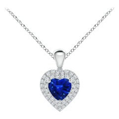 Pendentif en forme de cœur en saphir bleu naturel Angara avec double halo de diamants en platine