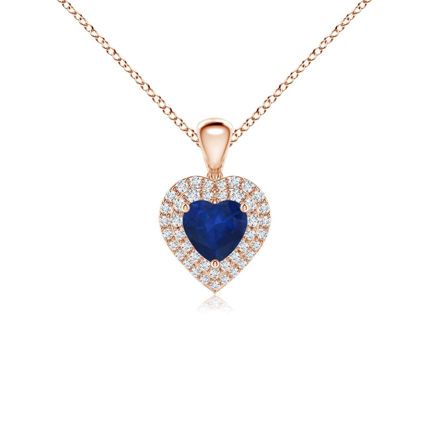 Ciondolo a cuore con zaffiro blu naturale e diamante in oro rosa 14 carati di Angara in vendita