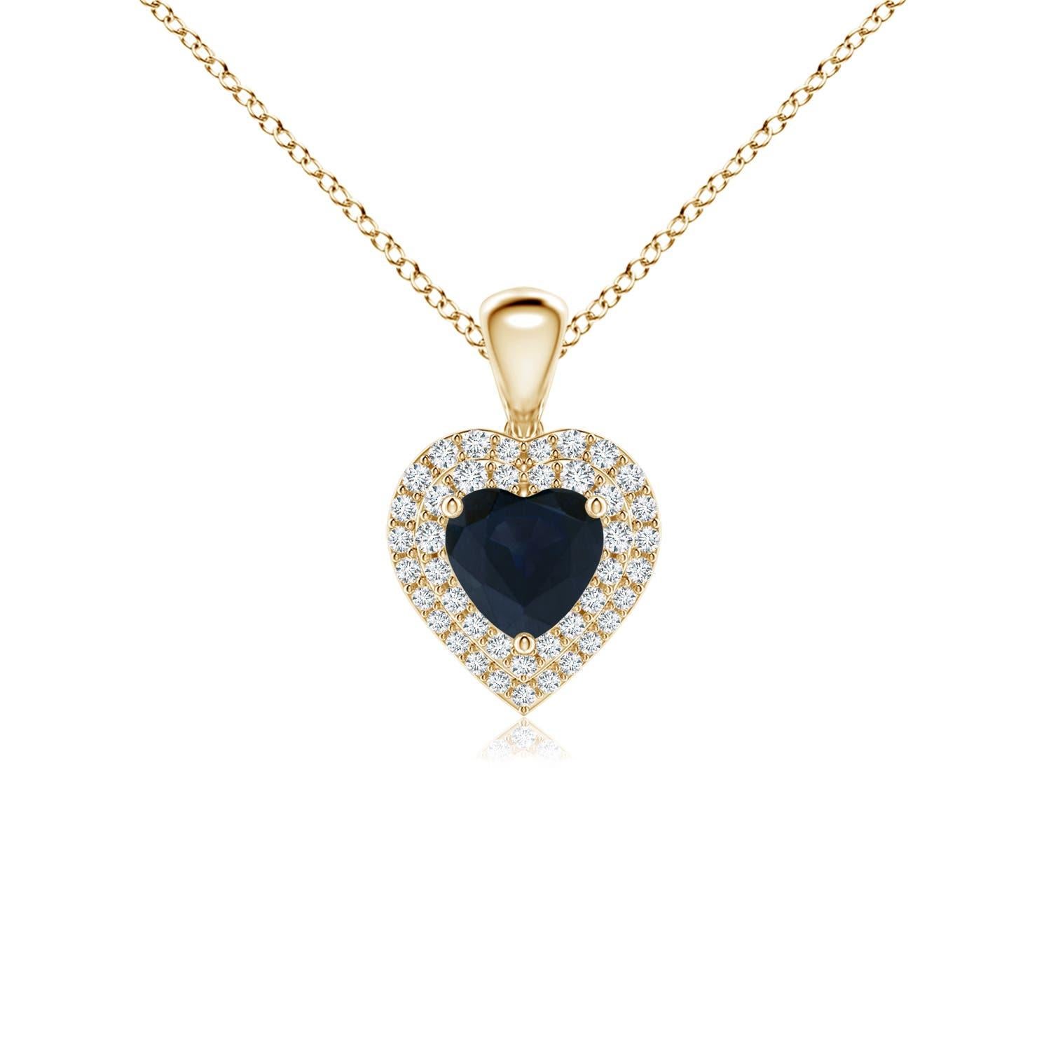 Ciondolo a cuore con zaffiro blu naturale di Angara e diamante aureolato in oro giallo 14 carati in vendita