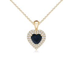 Ciondolo a cuore con zaffiro blu naturale di Angara e diamante aureolato in oro giallo 14 carati