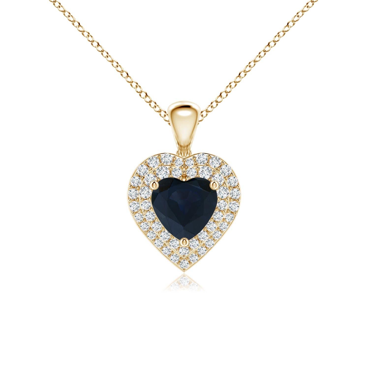 Ciondolo a cuore con zaffiro blu naturale di Angara e diamante aureolato in oro giallo 14 carati in vendita