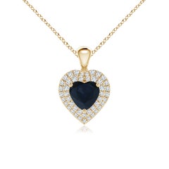 Ciondolo a cuore con zaffiro blu naturale di Angara e diamante aureolato in oro giallo 14 carati