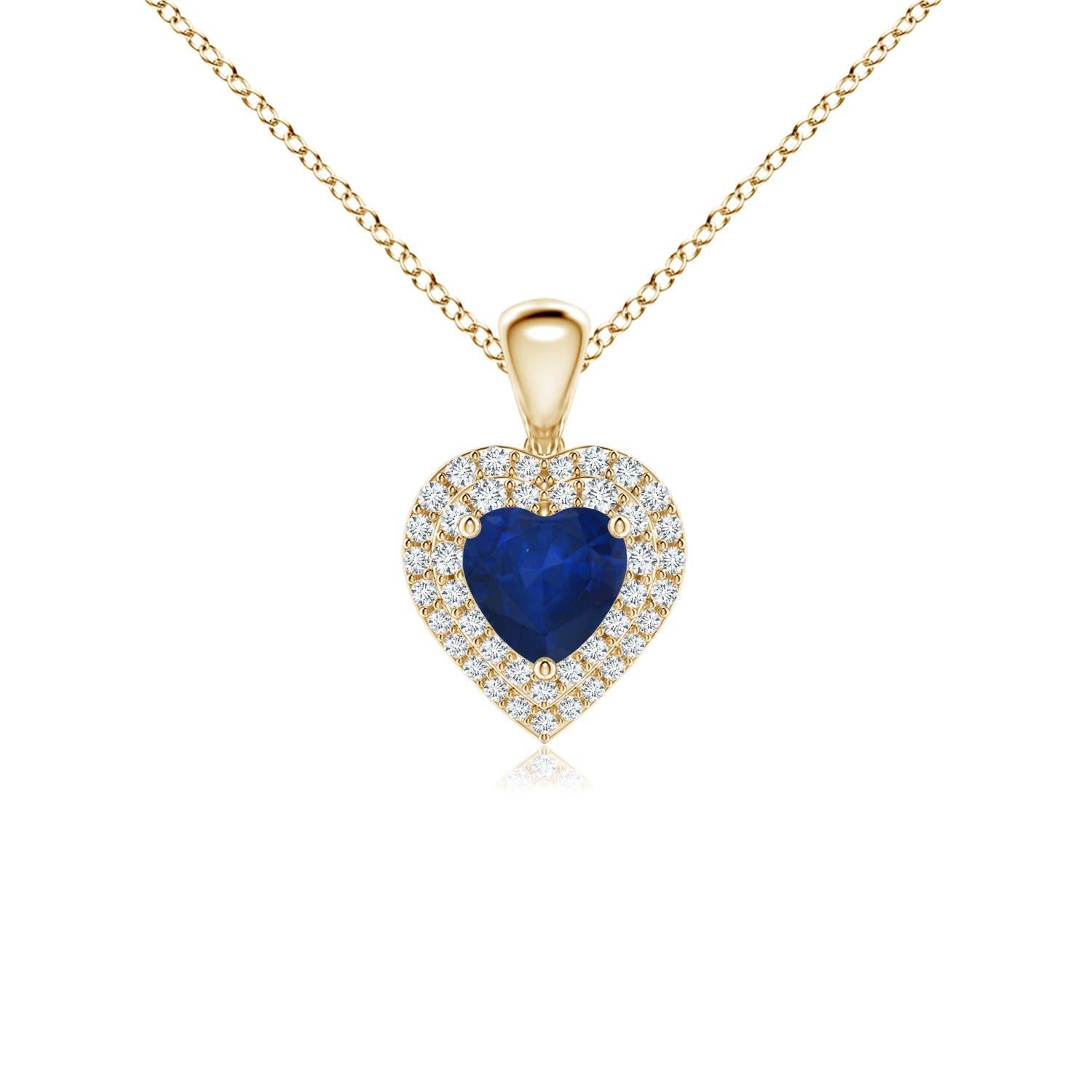 Ciondolo a cuore con zaffiro blu naturale di Angara e diamante aureolato in oro giallo 14 carati in vendita