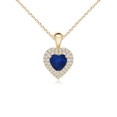 Ciondolo a cuore con zaffiro blu naturale di Angara e diamante aureolato in oro giallo 14 carati