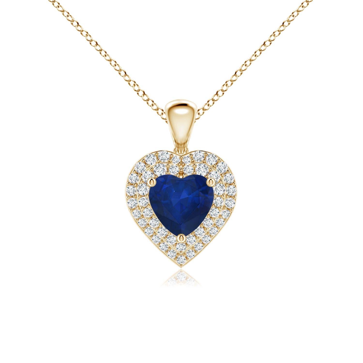 Ciondolo a cuore con zaffiro blu naturale di Angara e diamante aureolato in oro giallo 14 carati in vendita