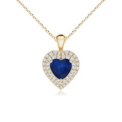 Ciondolo a cuore con zaffiro blu naturale di Angara e diamante aureolato in oro giallo 14 carati