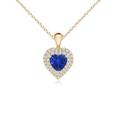 Ciondolo a cuore con zaffiro blu naturale di Angara e diamante aureolato in oro giallo 14 carati