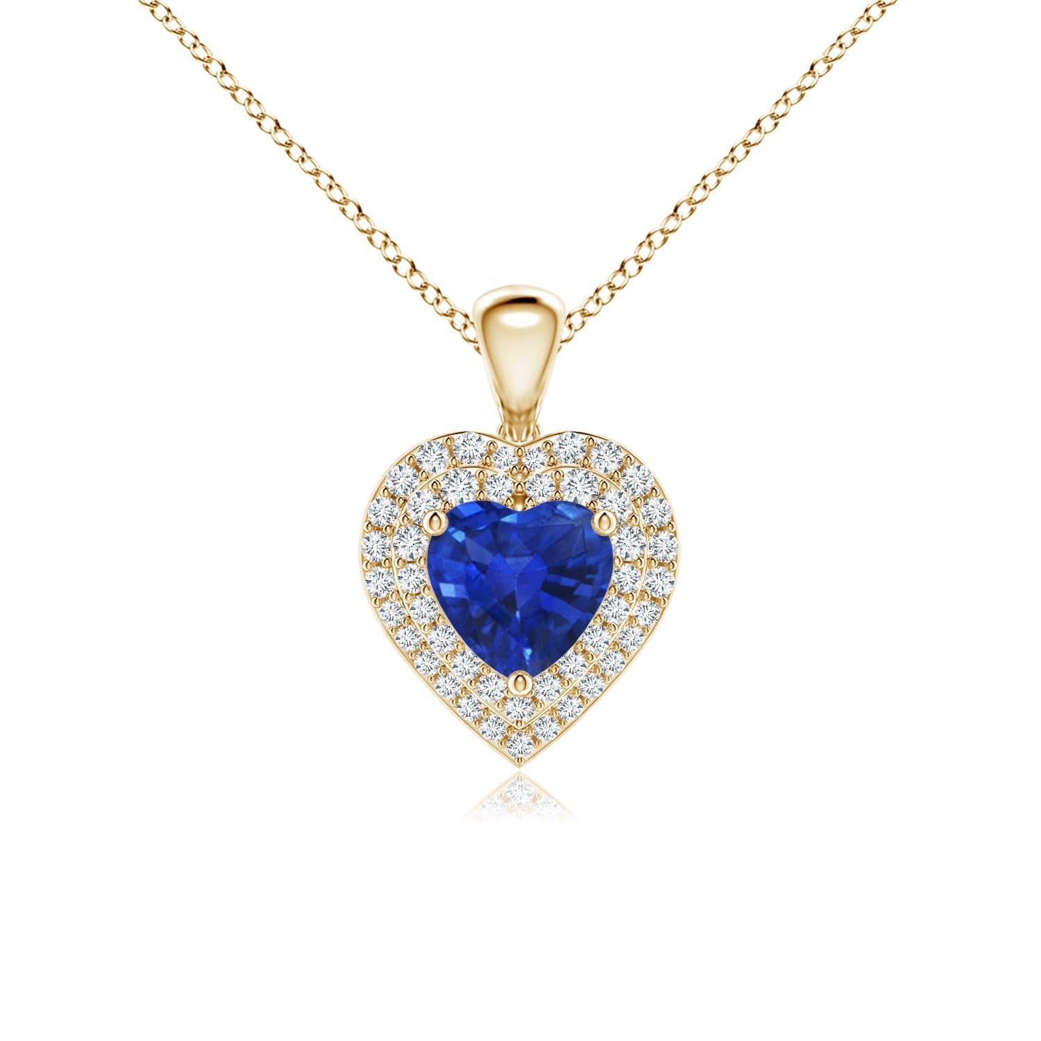 Ciondolo a cuore con zaffiro blu naturale di Angara e diamante aureolato in oro giallo 14 carati in vendita