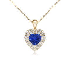 Ciondolo a cuore con zaffiro blu naturale di Angara e diamante aureolato in oro giallo 14 carati