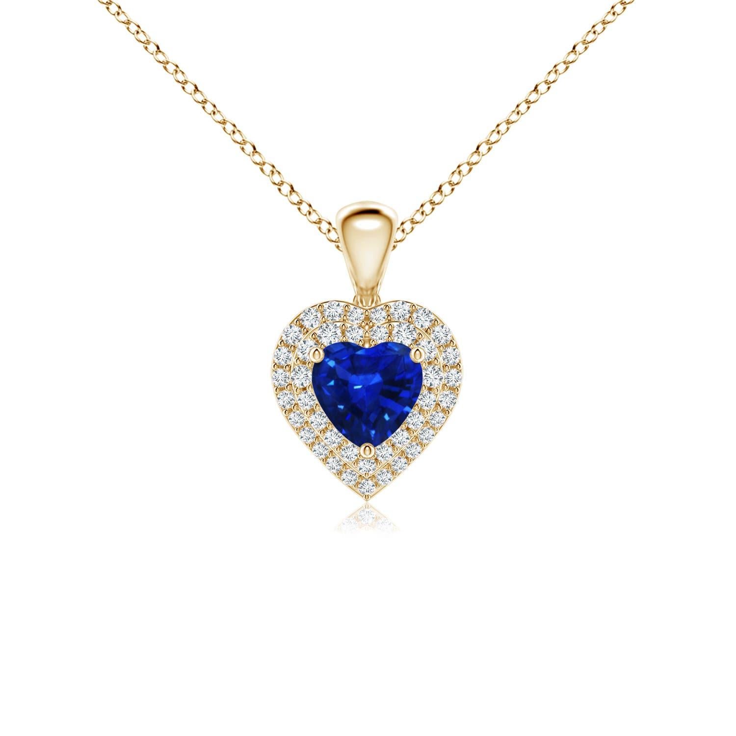 Ciondolo a cuore con zaffiro blu naturale di Angara e diamante aureolato in oro giallo 14 carati in vendita