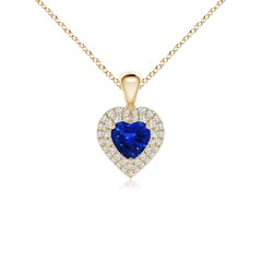 Ciondolo a cuore con zaffiro blu naturale di Angara e diamante aureolato in oro giallo 14 carati