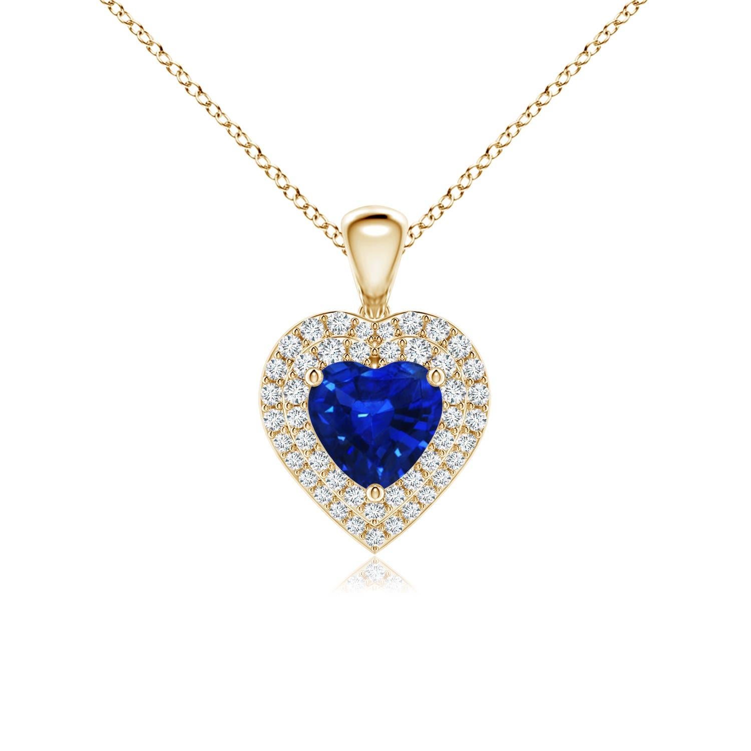 Ciondolo a cuore con zaffiro blu naturale di Angara e diamante aureolato in oro giallo 14 carati in vendita
