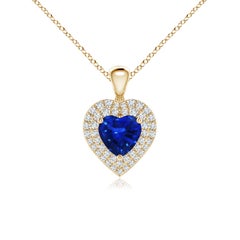 Ciondolo a cuore con zaffiro blu naturale di Angara e diamante aureolato in oro giallo 14 carati