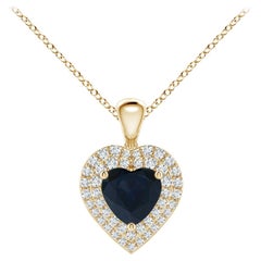 Pendentif cœur en saphir bleu naturel Angara avec halo en diamant en or jaune 14K