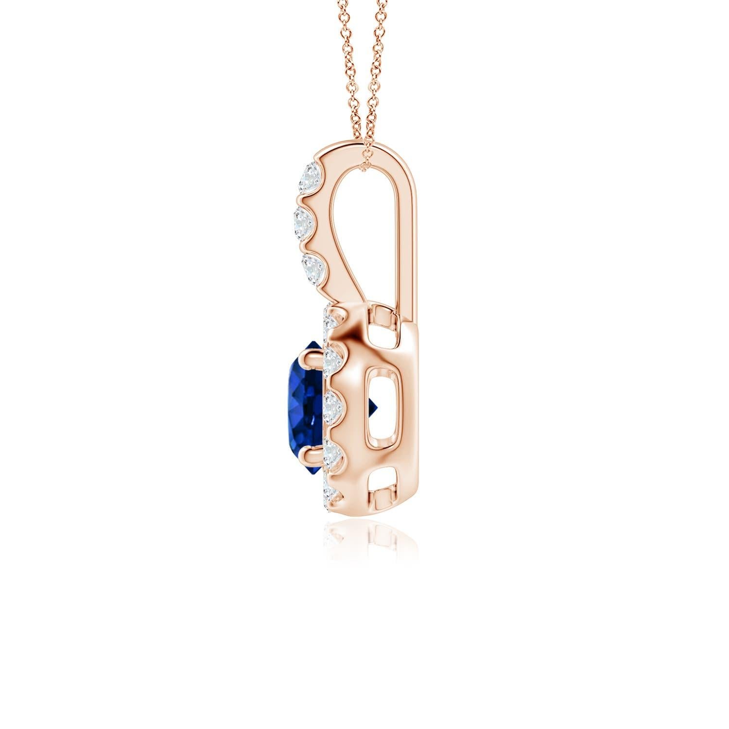 Round Cut ANGARA Natural 0.60ct Blue Sapphire Pendant with Diamond Halo in 14K Rose Gold For Sale