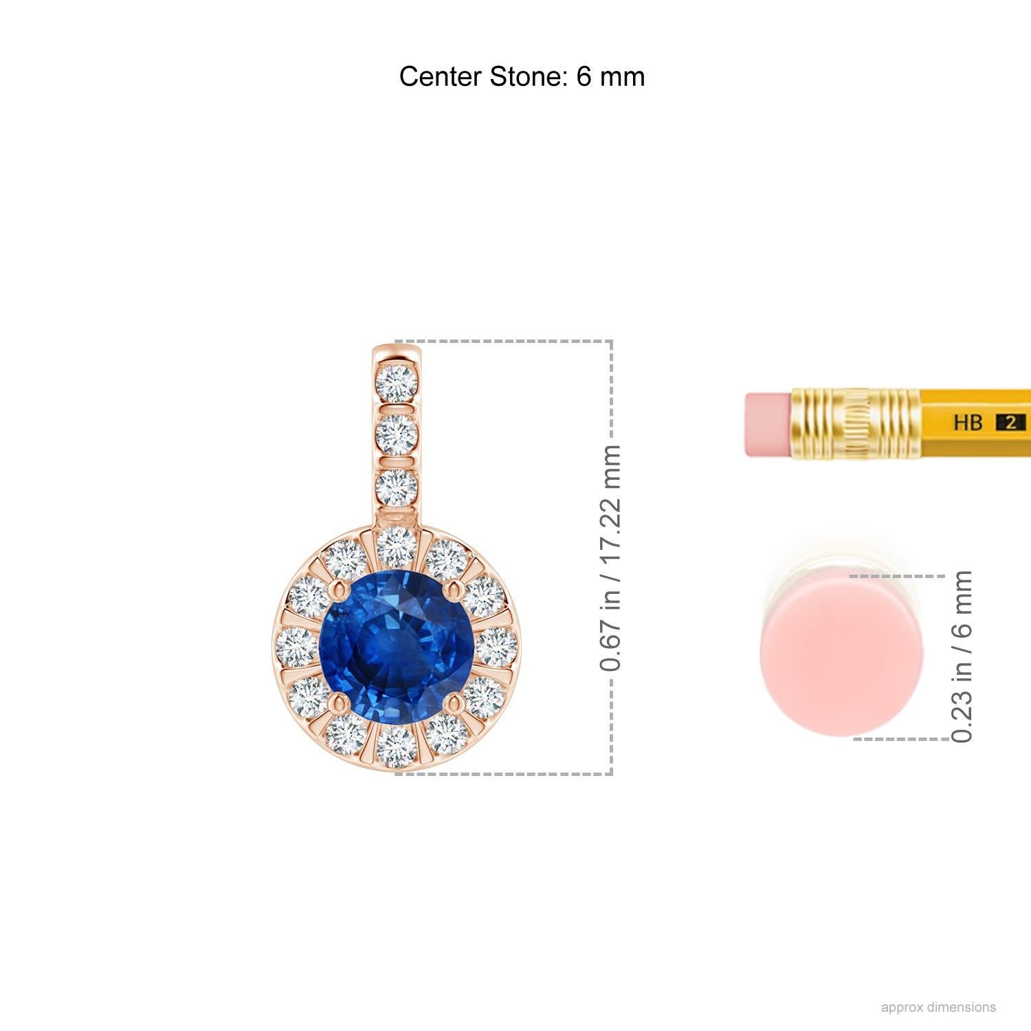 The prong set sapphire's dreamy blue color is enhanced by sparkling diamonds that surround it and adorn the bale. For a distinctive look, the diamonds are mounted in a bar setting. This elegant and stylish sapphire halo pendant is sculpted in 14k