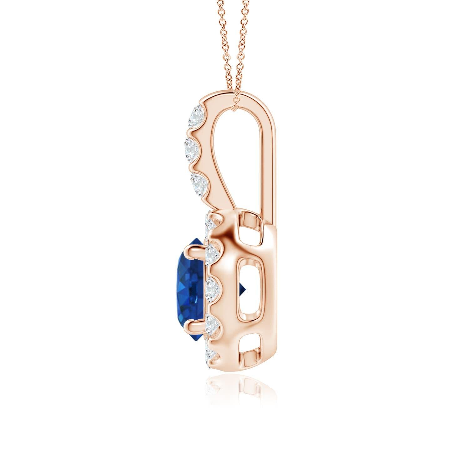 Round Cut ANGARA Natural 1ct Blue Sapphire Pendant with Diamond Halo in 14K Rose Gold For Sale