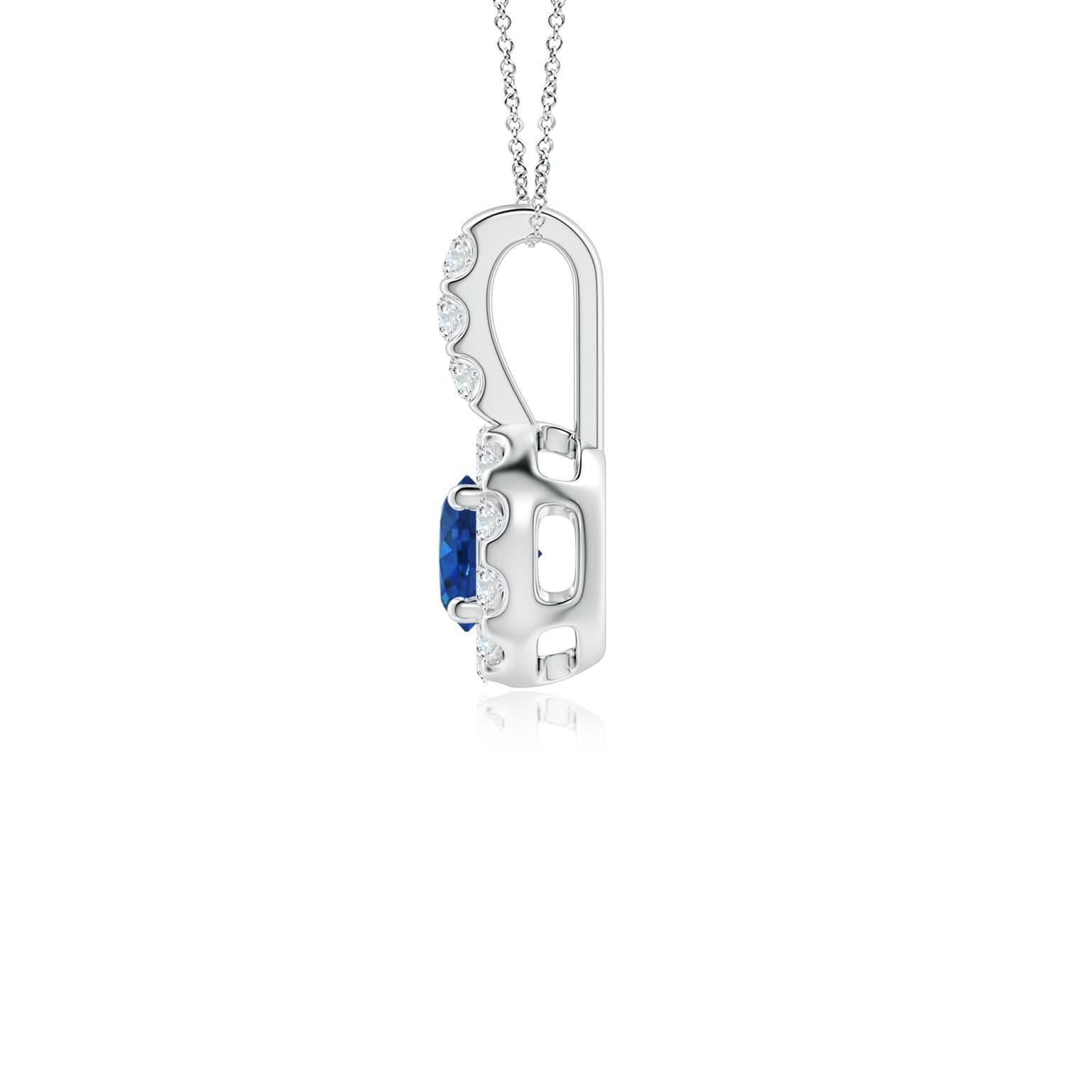 Taille ronde ANGARA Pendentif en or blanc 14 carats avec saphir bleu naturel de 0,33 carat et halo de diamants en vente