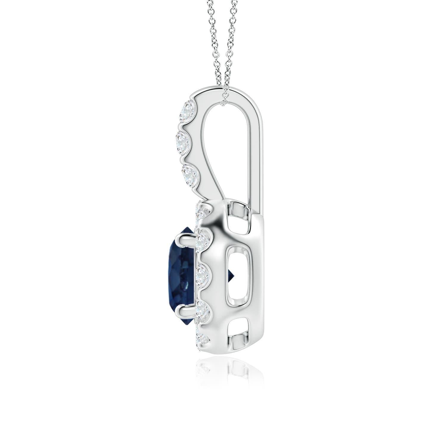 Taille ronde ANGARA Pendentif en or blanc 14 carats avec saphir bleu naturel de 1 carat et halo de diamants en vente