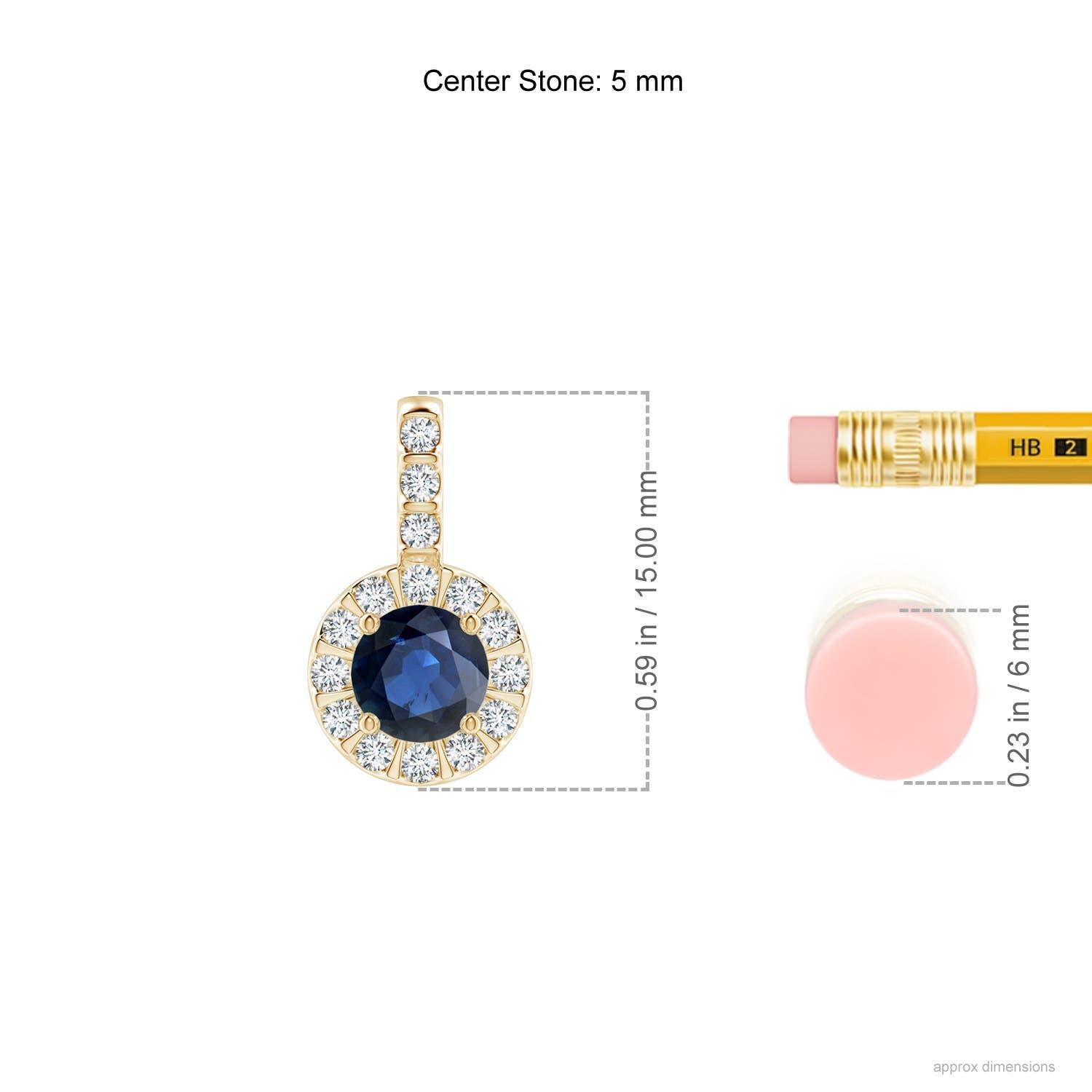 The prong set sapphire's dreamy blue color is enhanced by sparkling diamonds that surround it and adorn the bale. For a distinctive look, the diamonds are mounted in a bar setting. This elegant and stylish sapphire halo pendant is sculpted in 14k