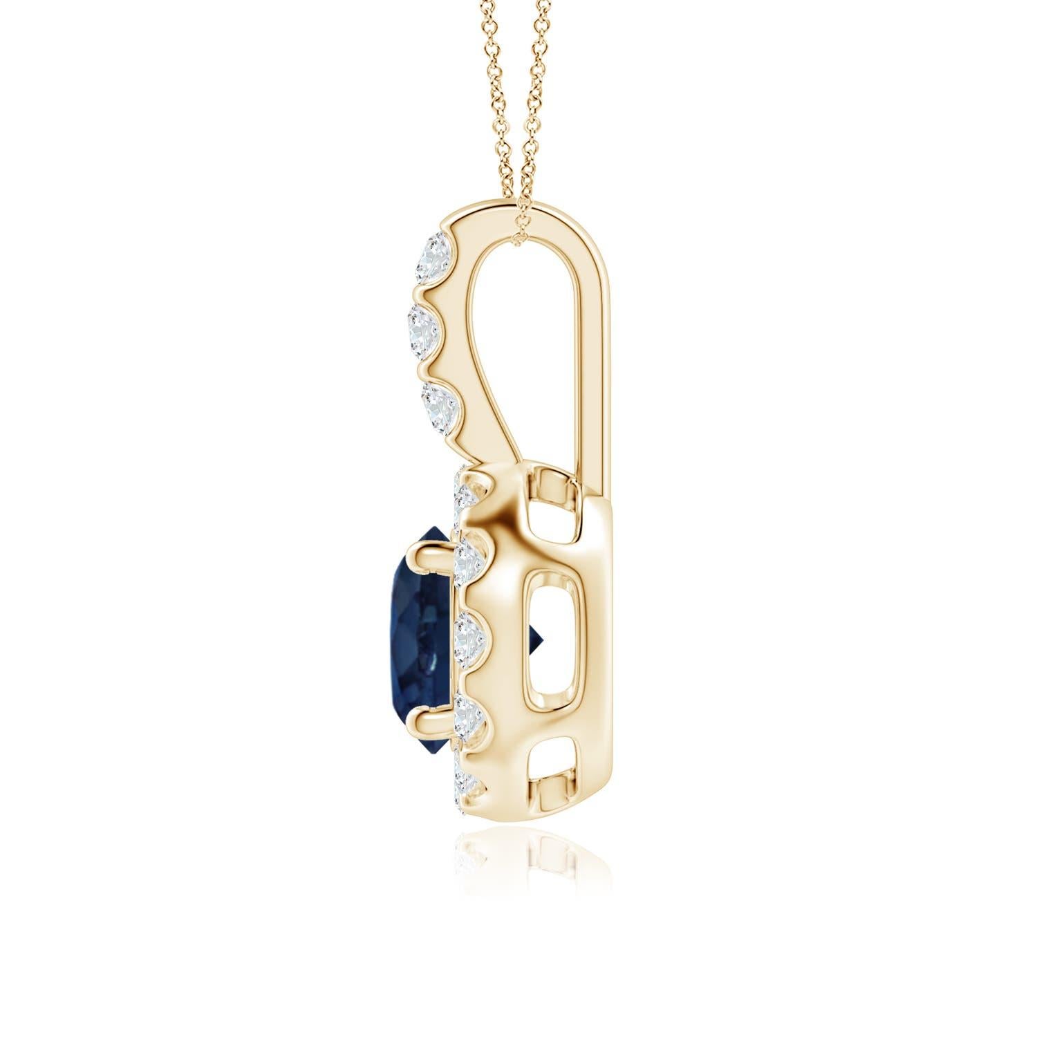 Round Cut ANGARA Natural 1ct Blue Sapphire Pendant with Diamond Halo in 14K Yellow Gold For Sale