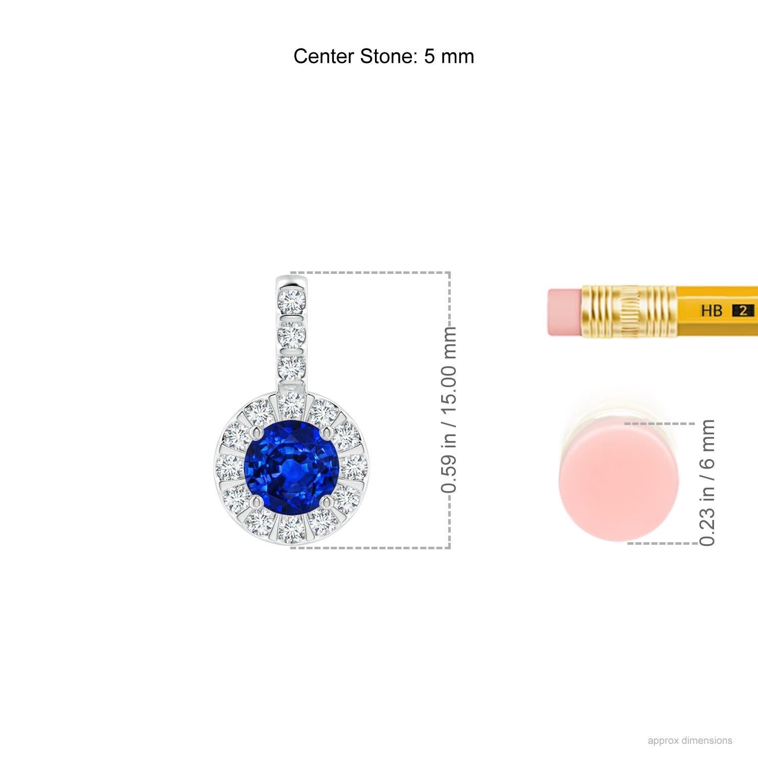 The prong set sapphire's dreamy blue color is enhanced by sparkling diamonds that surround it and adorn the bale. For a distinctive look, the diamonds are mounted in a bar setting. This elegant and stylish sapphire halo pendant is sculpted in