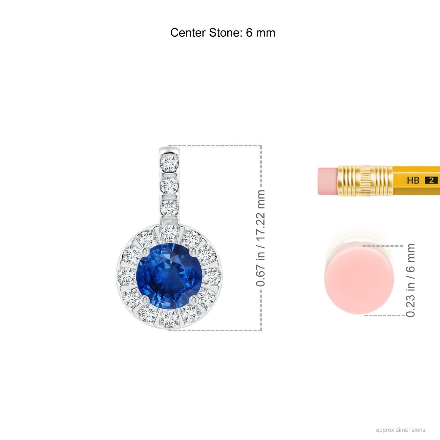 The prong set sapphire's dreamy blue color is enhanced by sparkling diamonds that surround it and adorn the bale. For a distinctive look, the diamonds are mounted in a bar setting. This elegant and stylish sapphire halo pendant is sculpted in