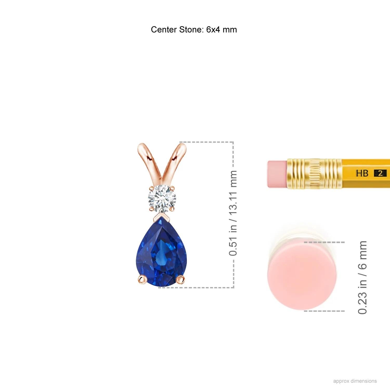 This classic solitaire pendant features a pear-shaped sapphire secured in a prong setting. A brilliant round diamond sits atop the blue gemstone adding to the design's charm. Simple yet appealing, this sapphire pendant in 14k rose gold is crafted