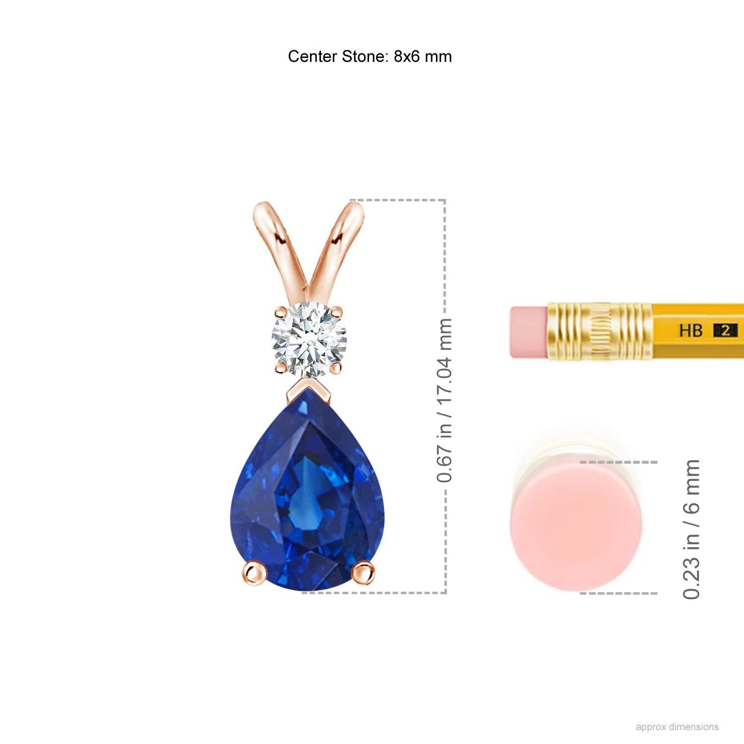 This classic solitaire pendant features a pear-shaped sapphire secured in a prong setting. A brilliant round diamond sits atop the blue gemstone adding to the design's charm. Simple yet appealing, this sapphire pendant in 14k rose gold is crafted