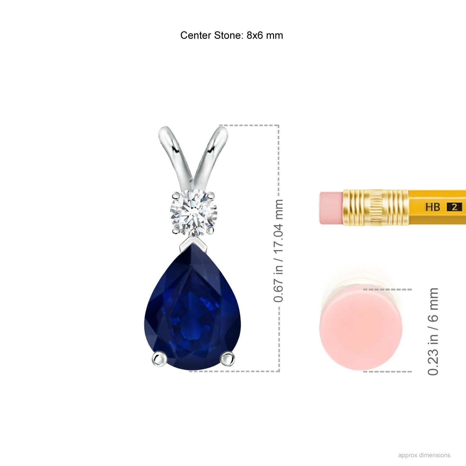 This classic solitaire pendant features a pear-shaped sapphire secured in a prong setting. A brilliant round diamond sits atop the blue gemstone adding to the design's charm. Simple yet appealing, this sapphire pendant in 14k white gold is crafted