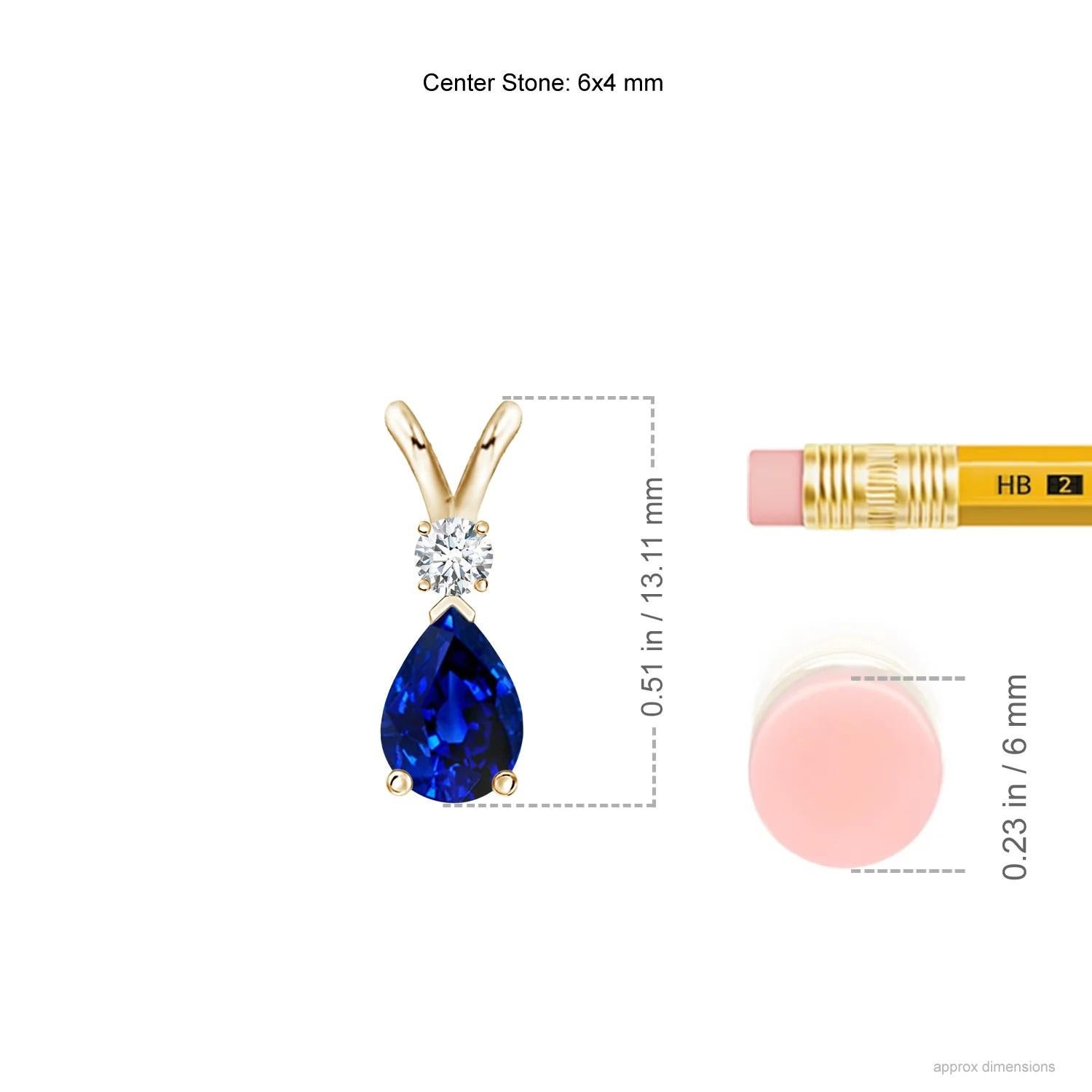 This classic solitaire pendant features a pear-shaped sapphire secured in a prong setting. A brilliant round diamond sits atop the blue gemstone adding to the design's charm. Simple yet appealing, this sapphire pendant in 14k yellow gold is crafted